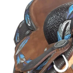 Alamo Saddlery Feather Barrel Saddle -Equestrian Supplie Store feather barrel brown blue detail FEATHER alamo 36570.1650659582